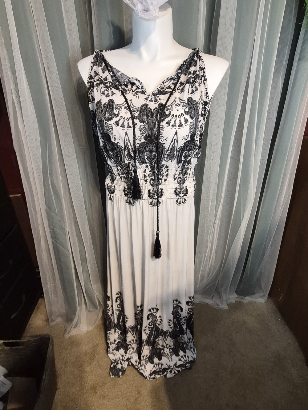 Black & White Printed Maxi Dress with Tassel Tie